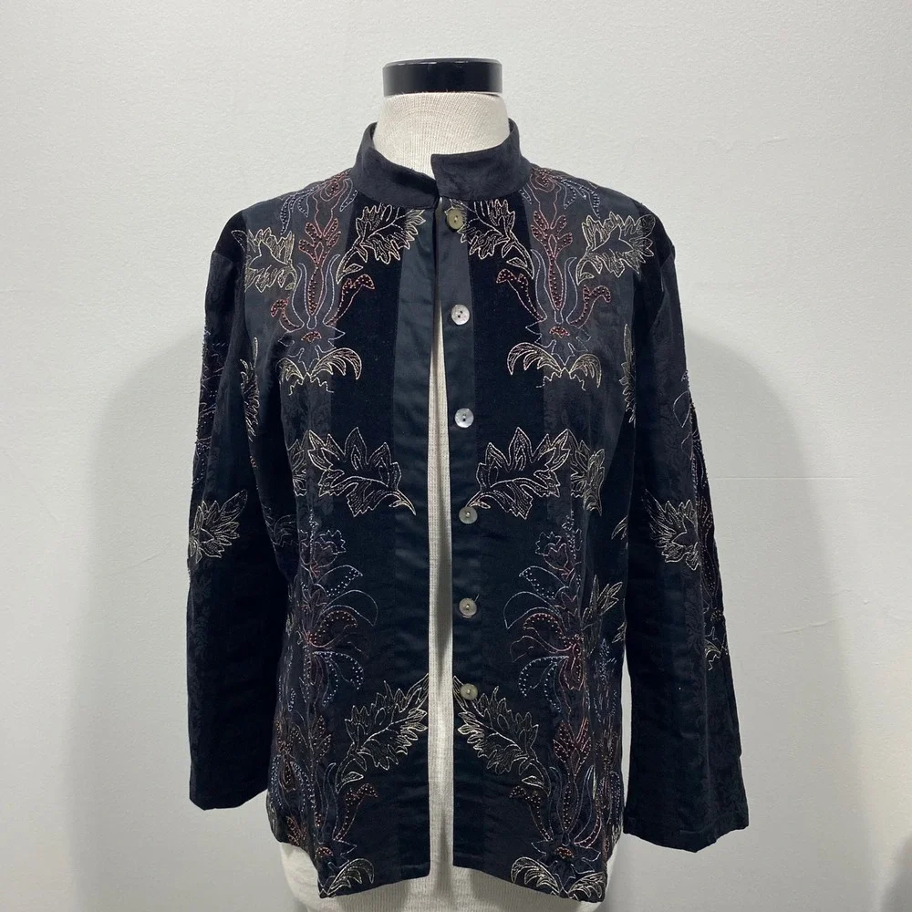Susan Bristol Black Beaded Embroidered Velvet Satin Jacket Mandarin Collar Large